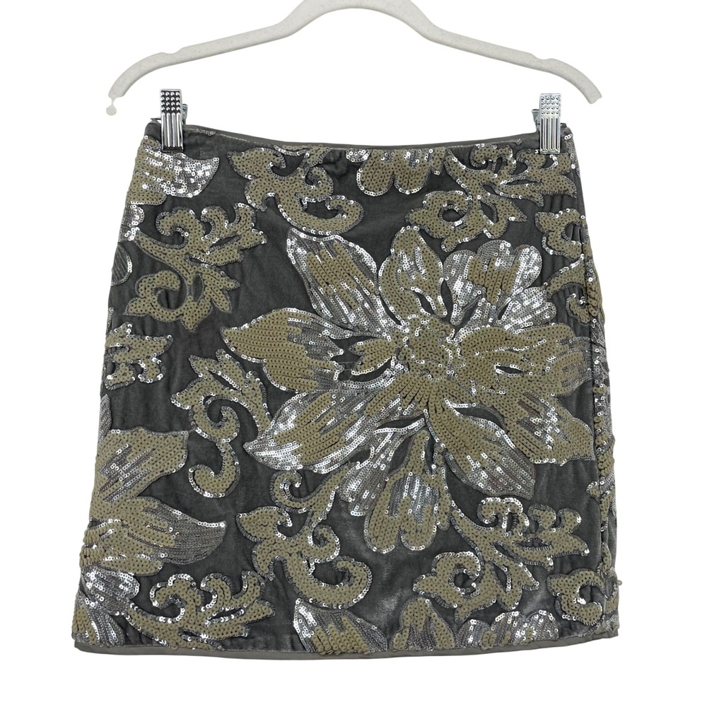 Guess‎ Size S Womens Gray Velvet Sequin Floral Mini Skirt Silver Champagne